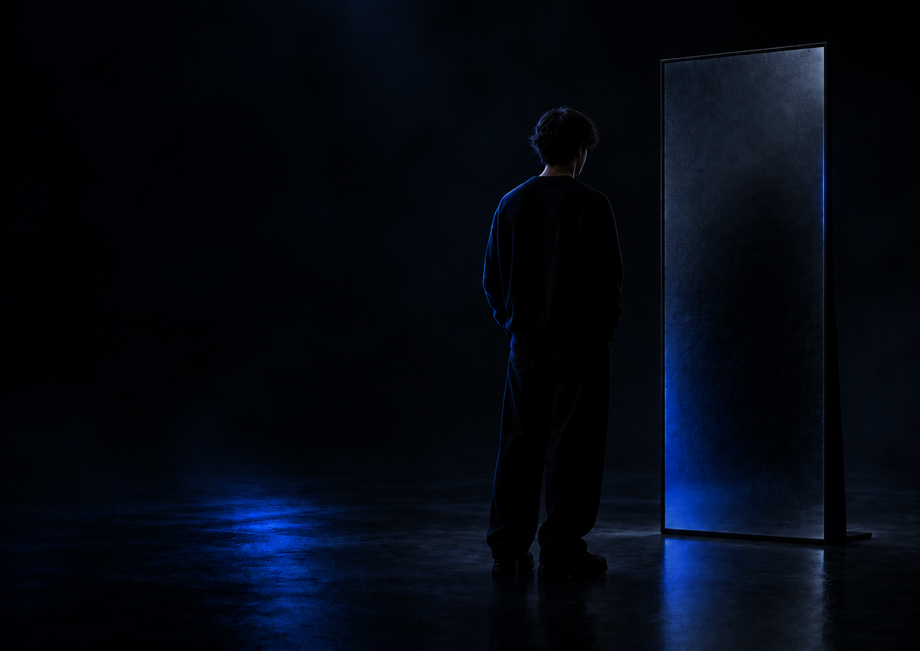 A person standing before a glowing glass panel in the dark